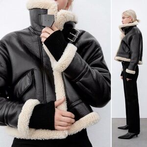 Zara Funnel Neck Brown Leather Jacket with Cream Shearling